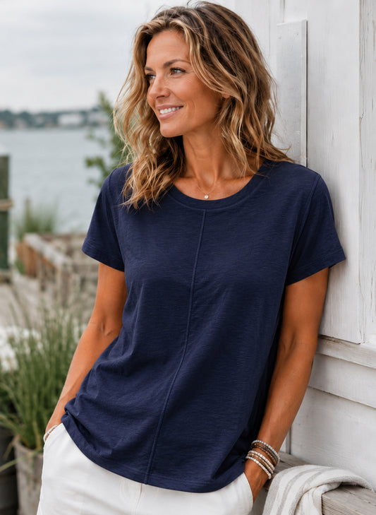 Cotton Lani Short Sleeve Center Seam Scoop Neck Top - Navy available at The Good Life Boutique