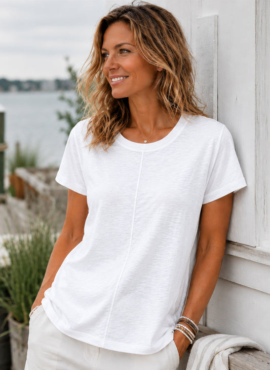 Cotton Lani Short Sleeve Center Seam Scoop Neck Top - White available at The Good Life Boutique