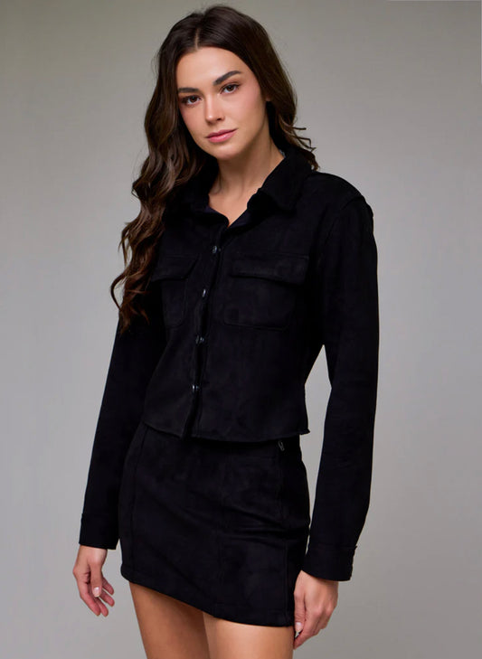 Shrunken Suede Button-Up Shirt - Black