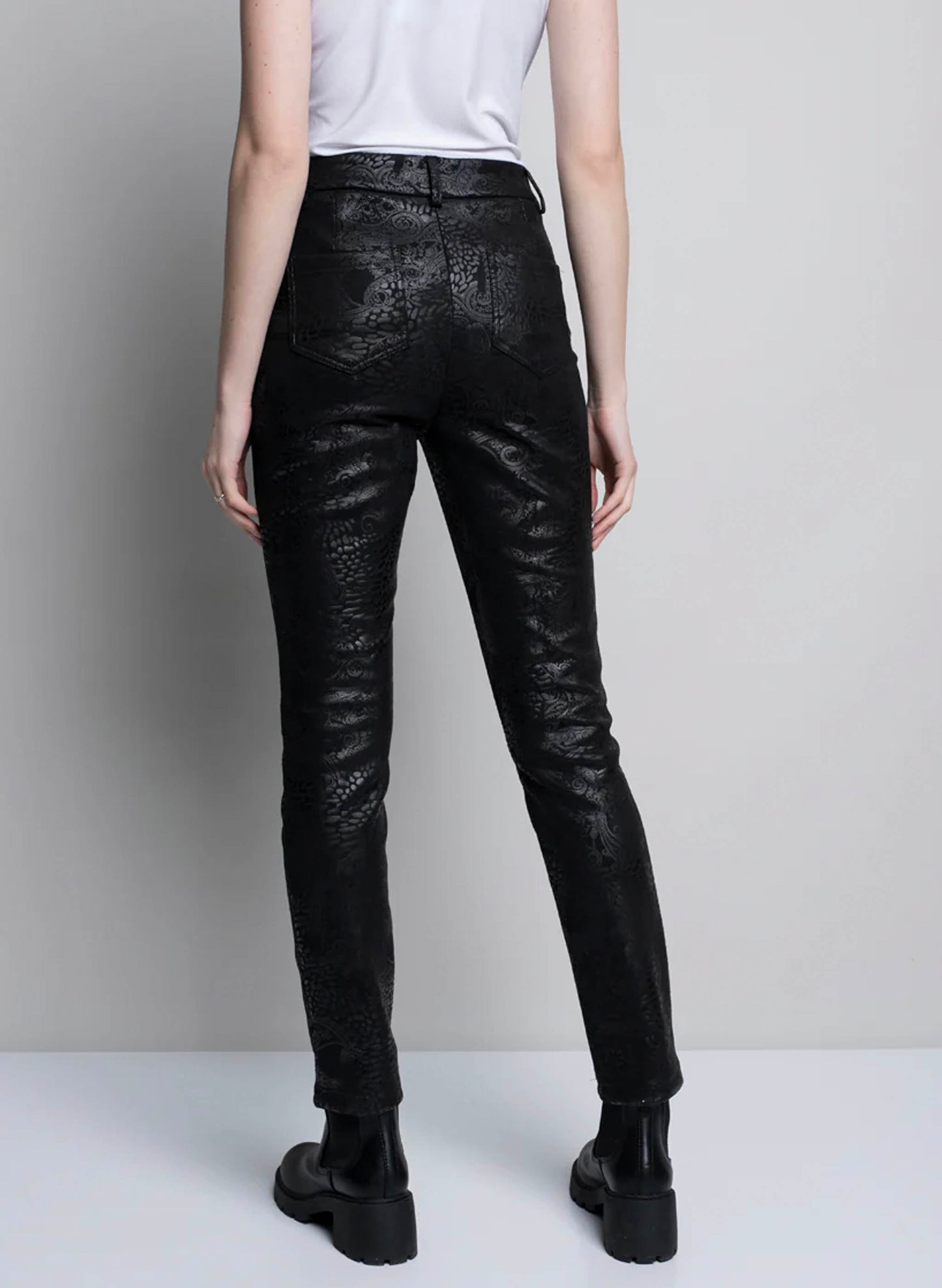 Picadilly Fashions Picadilly Slim-Leg Printed Faux Leather Pant w/Pockets - Black available at The Good Life Boutique