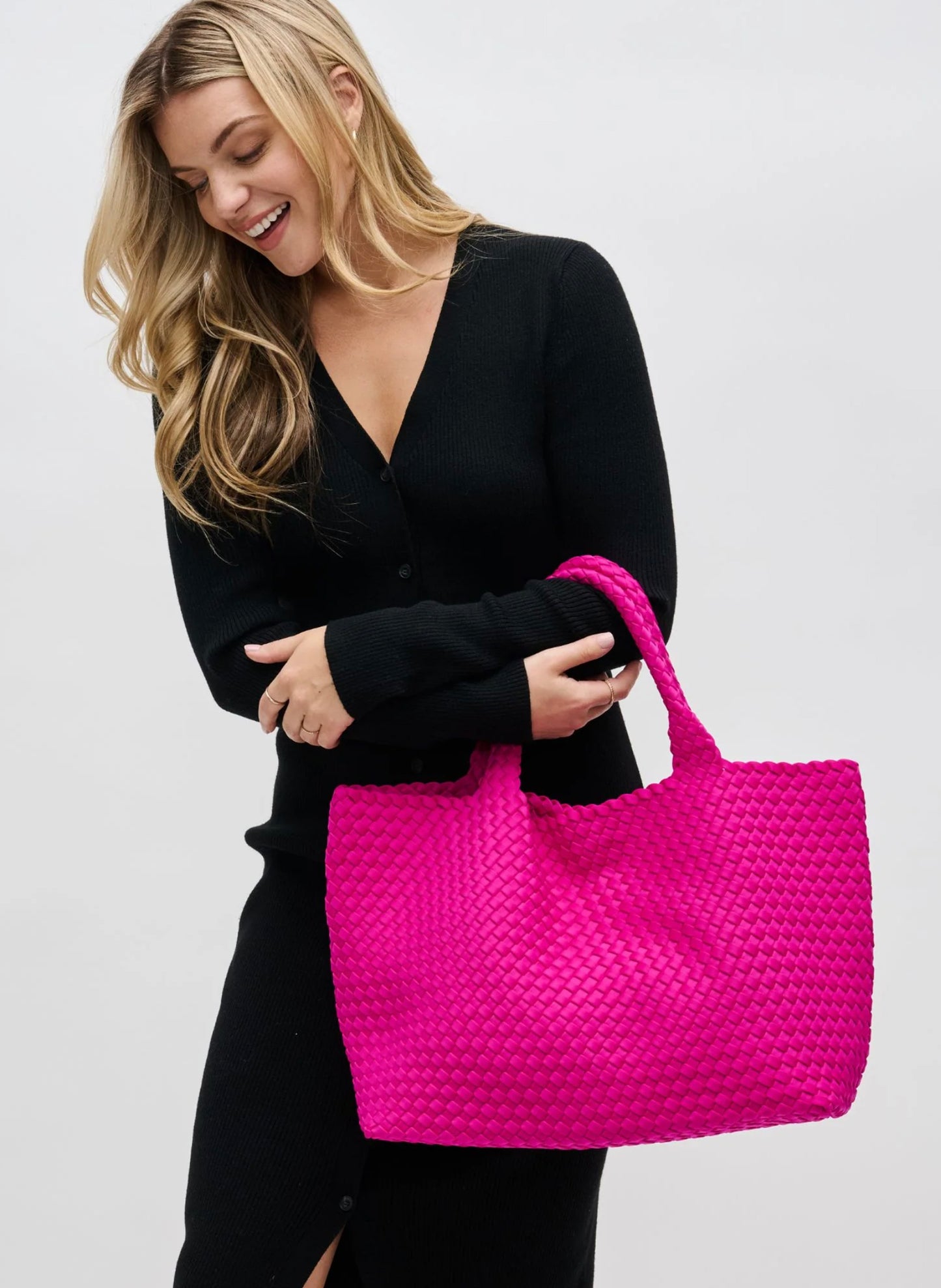 Sol & Selene Sol & Selene - Sky's The Limit - Large Woven Neoprene Tote - Fuchsia available at The Good Life Boutique