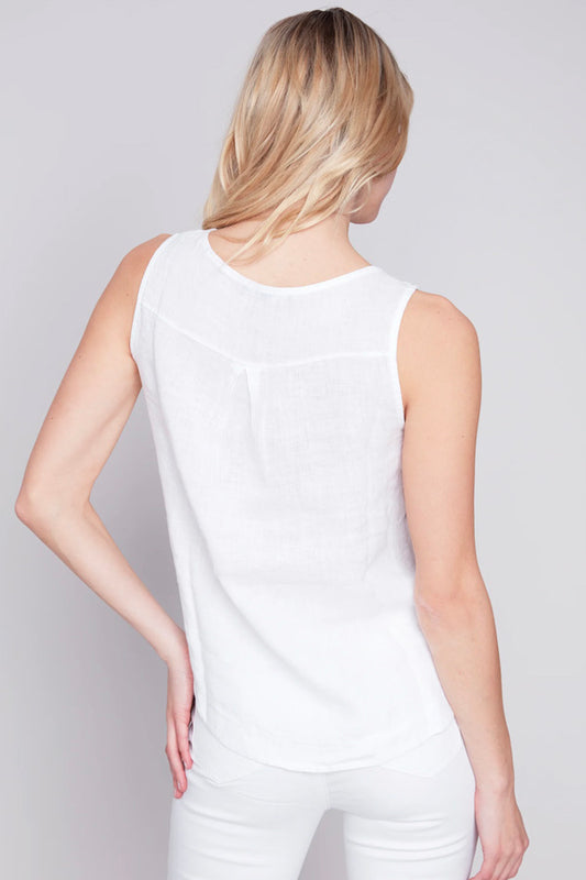 Charlie B Charlie B - Solid Sleeveless Road Neck Linen Blouse - White available at The Good Life Boutique
