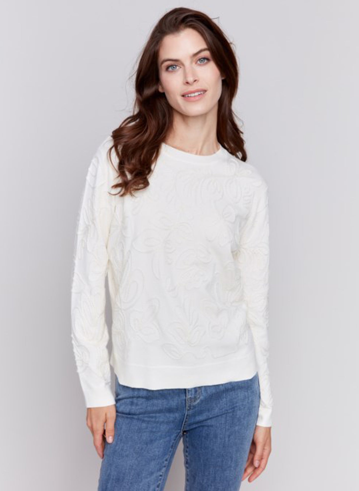 Charlie B Charlie B - Soutache Embroidered Crew-Neck Sweater - Ecru available at The Good Life Boutique