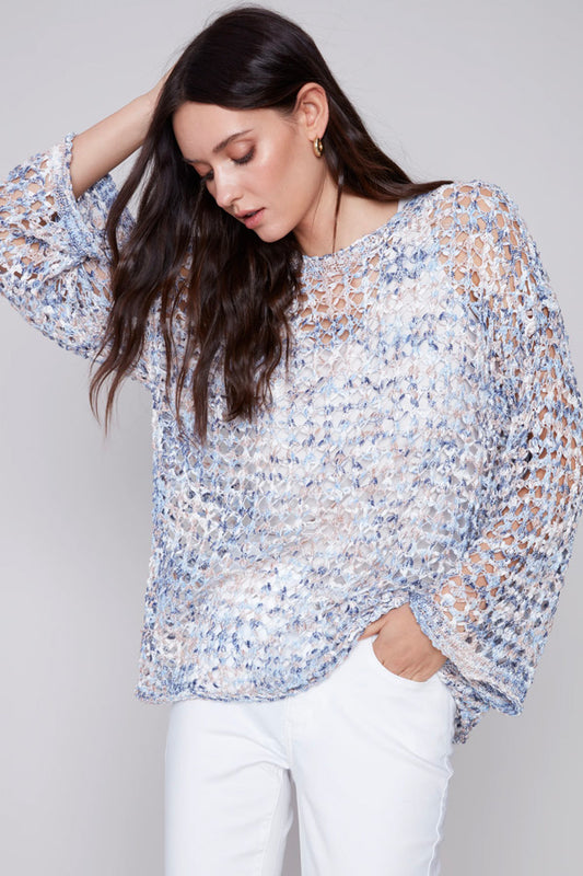 Charlie B Charlie B - Space-Dye Fishnet Crochet Sweater With Bell Sleeves - Lotus available at The Good Life Boutique