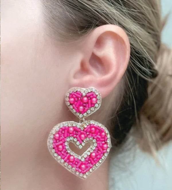 Prep Obsessed Wholesale Sparky Beaded Double Heart Dangle Earrings - Fuchsia available at The Good Life Boutique