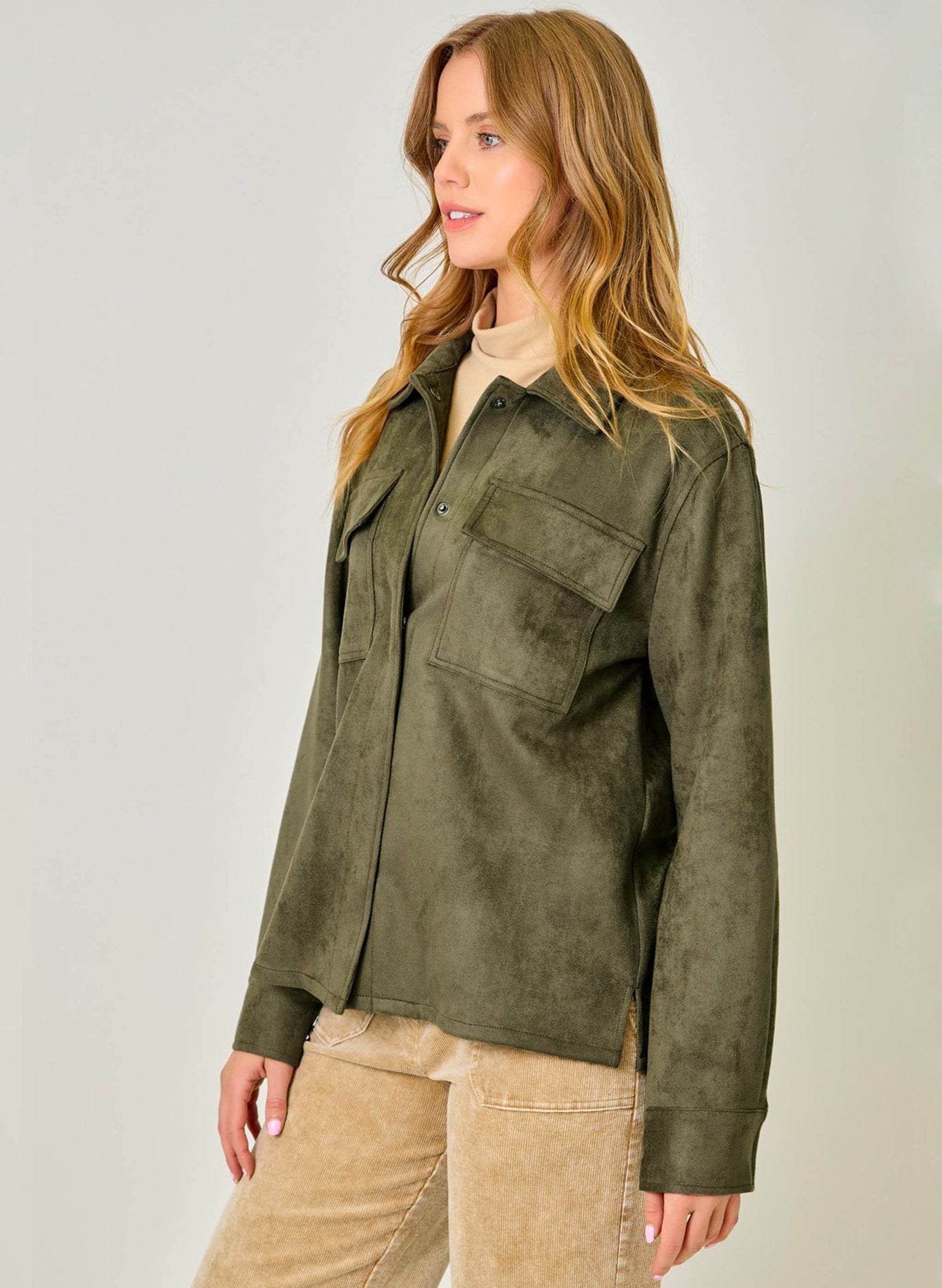 Mystree Suede Shacket - Moss available at The Good Life Boutique