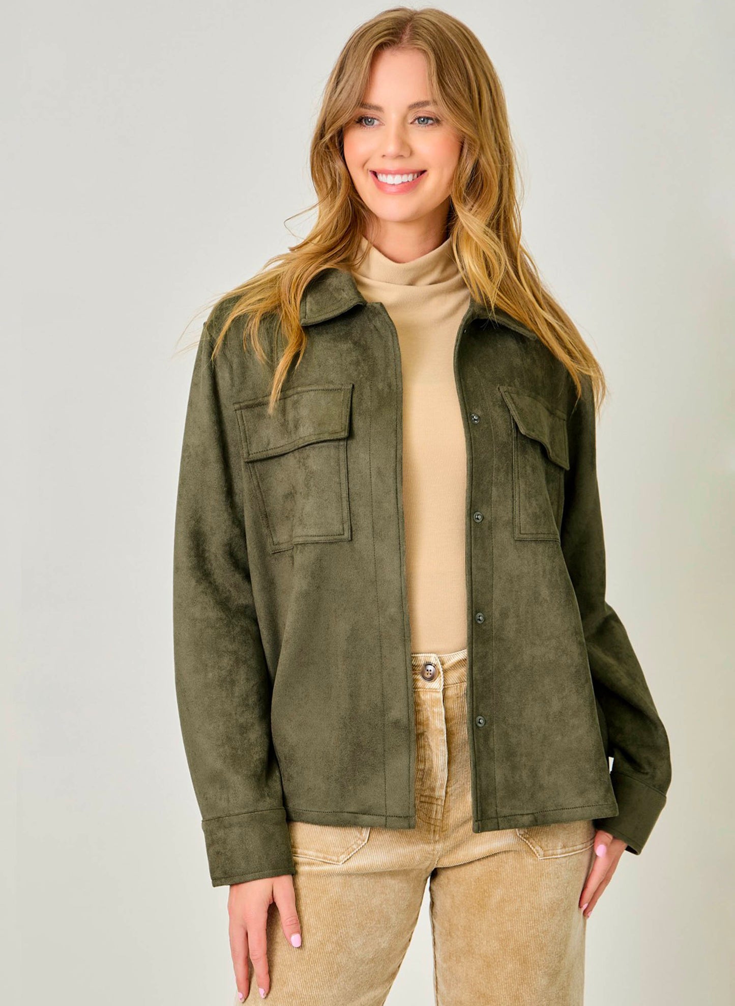 Mystree Suede Shacket - Moss available at The Good Life Boutique