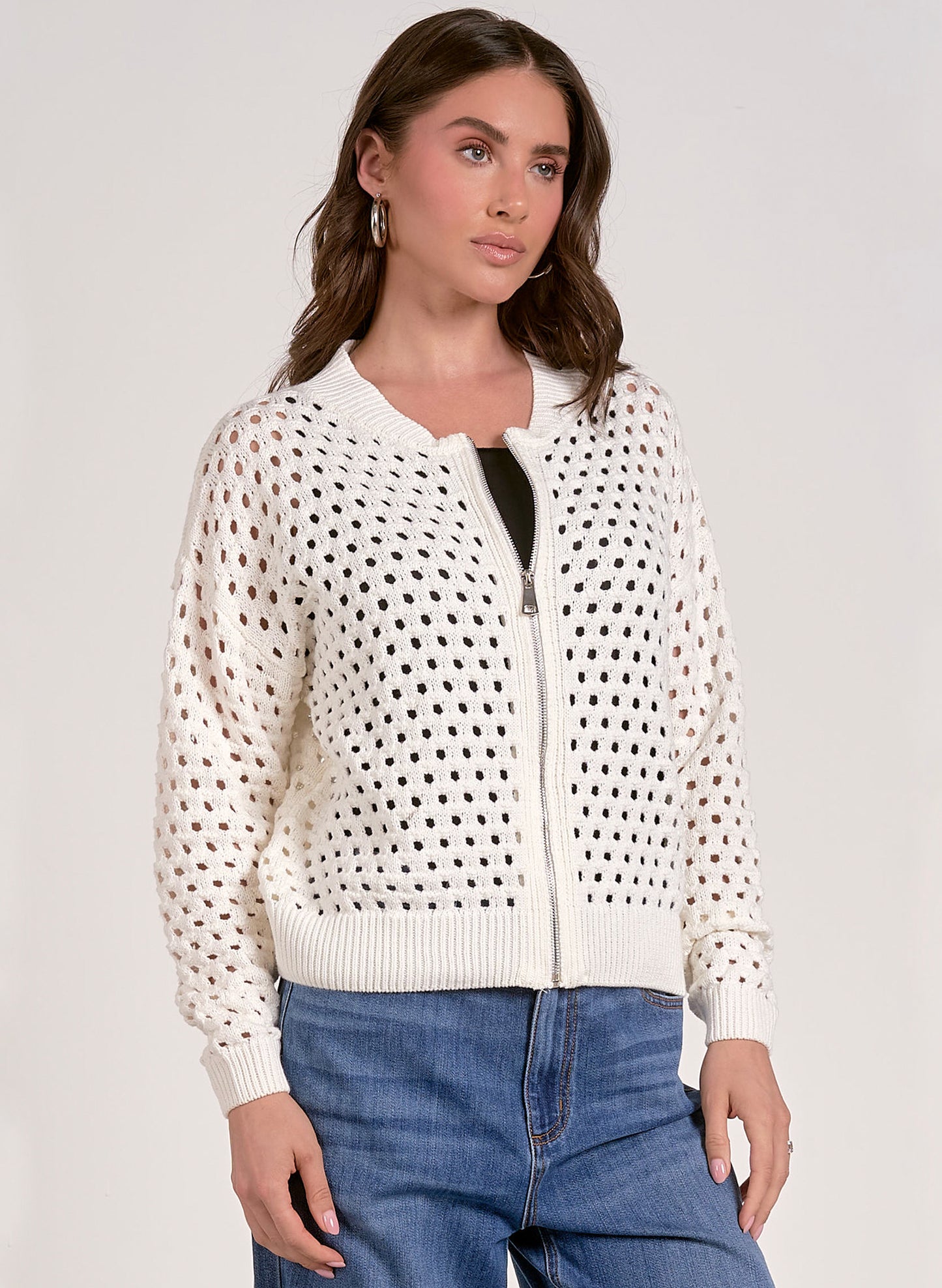 Elan Elan - 1 Sweater Cardigan Zip Up - White available at The Good Life Boutique