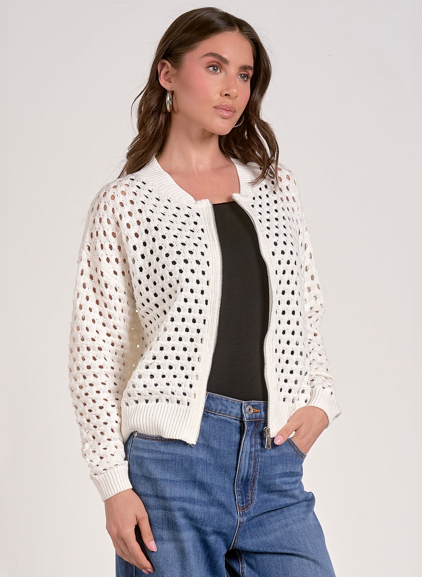 Elan Elan - 1 Sweater Cardigan Zip Up - White available at The Good Life Boutique