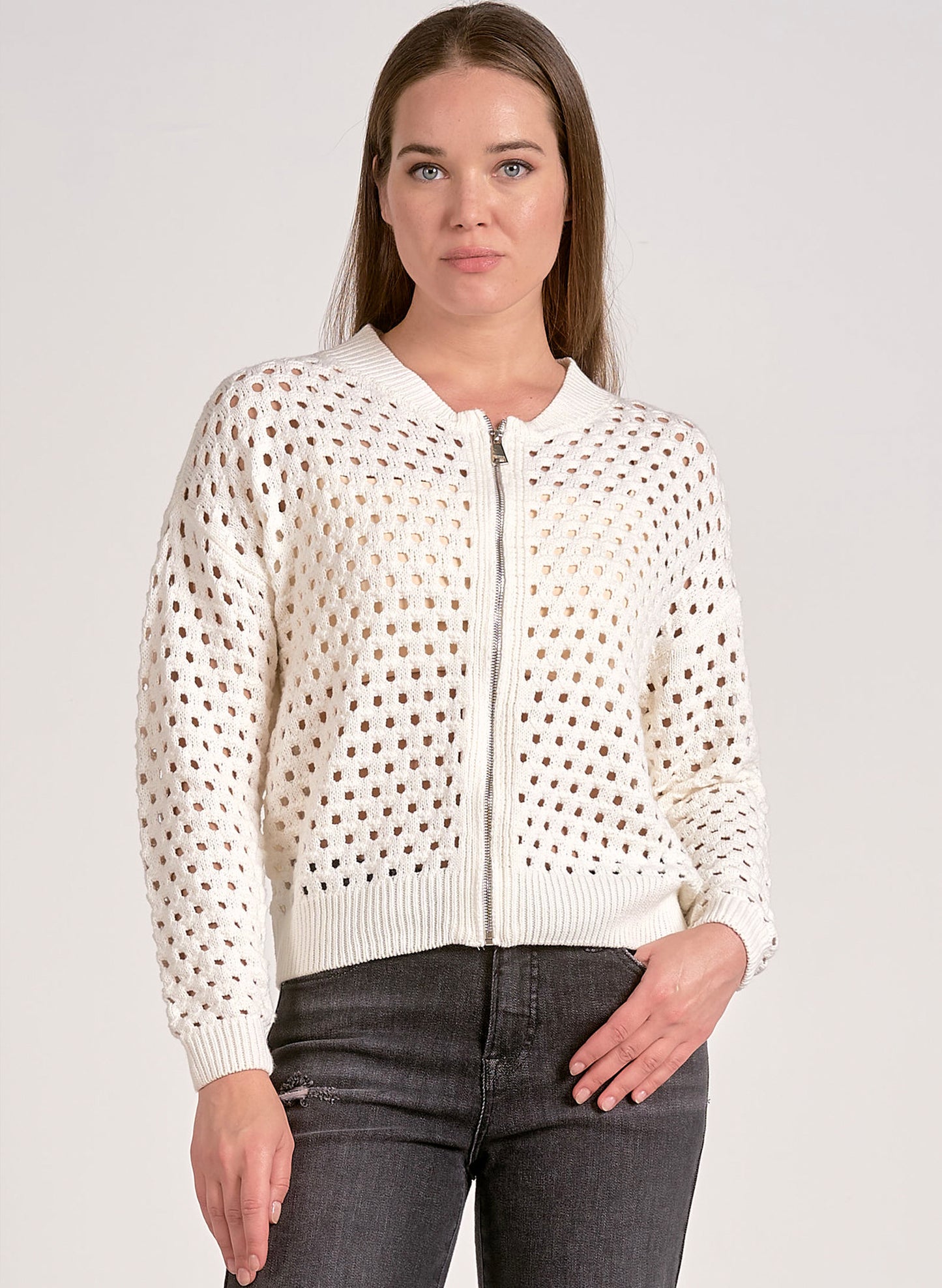 Elan Elan - 1 Sweater Cardigan Zip Up - White available at The Good Life Boutique