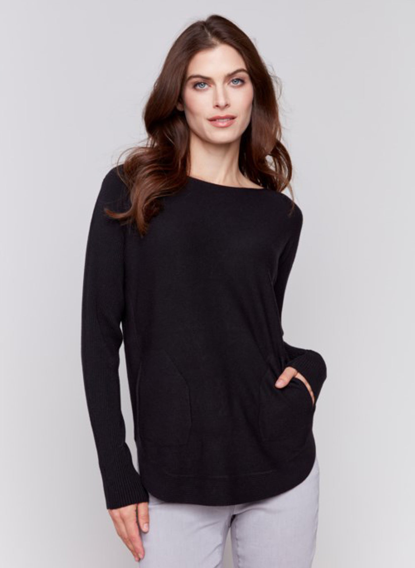 Charlie B Charlie B - Sweater w/Front Pockets & Back Lacing - Black available at The Good Life Boutique