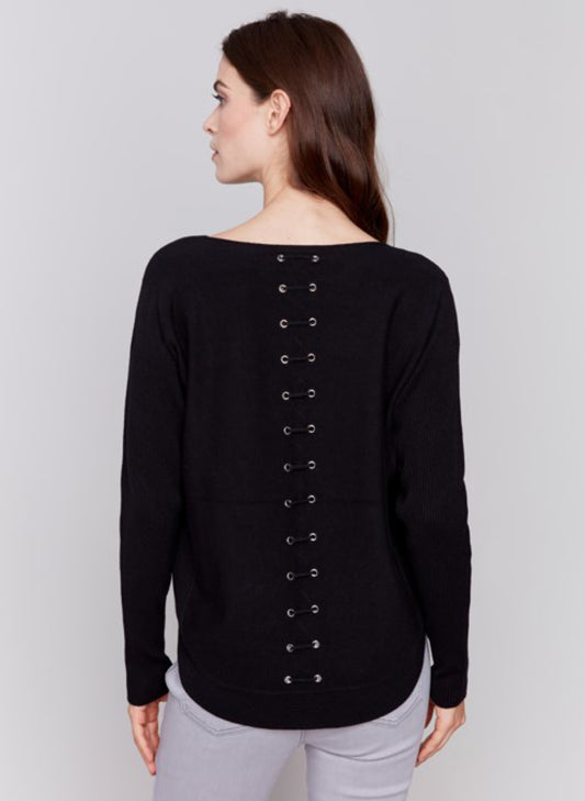 Charlie B Charlie B - Sweater w/Front Pockets & Back Lacing - Black available at The Good Life Boutique