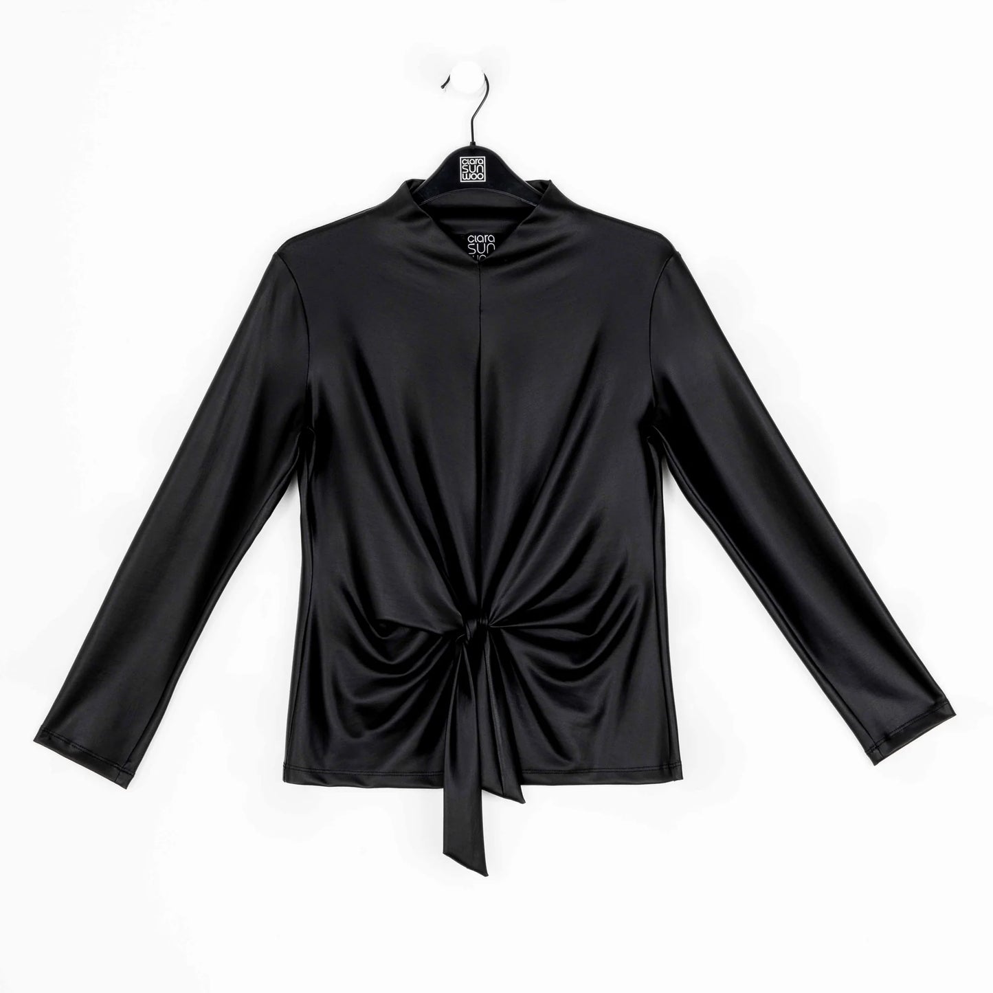 Clara Sunwoo Clara Sunwoo - Liquid Leather Knit Top Center Tie Detail Black available at The Good Life Boutique