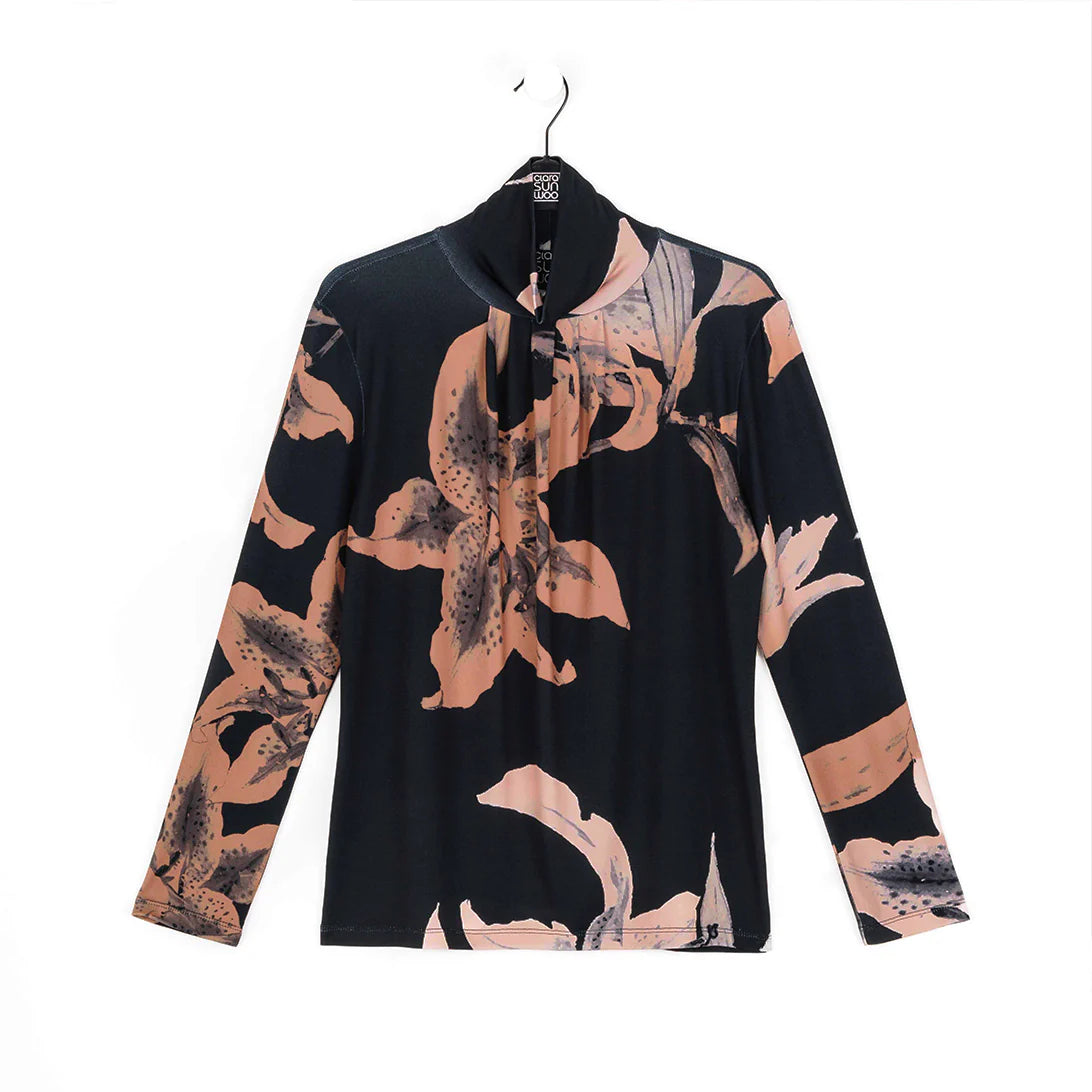 Clara Sunwoo Clara Sunwoo - Lily Print Pleated Mock Neck Soft Knit Top - Black/Coffee available at The Good Life Boutique