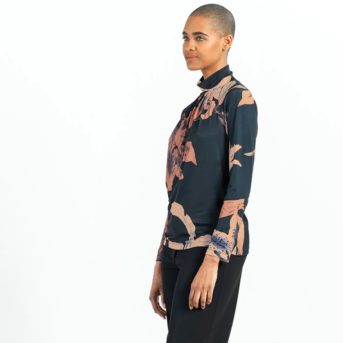 Clara Sun Woo Clara Sunwoo - Lily Print Pleated Mock Neck Soft Knit Top - Black/Coffee available at The Good Life Boutique