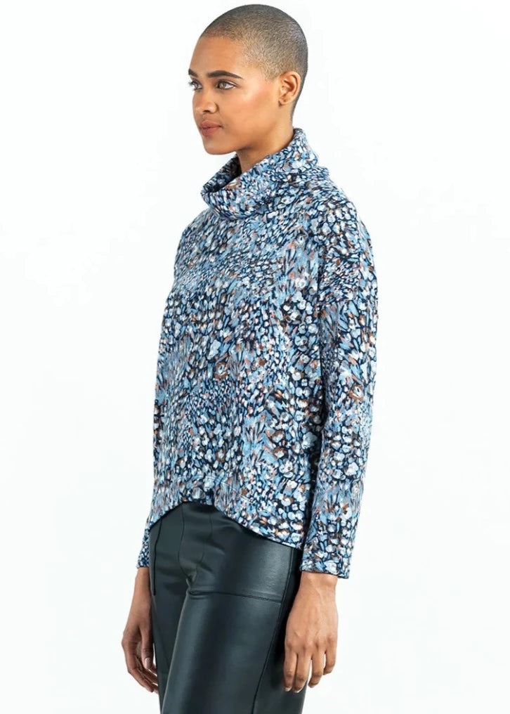 Clara Sunwoo Clara Sunwoo - Puff Floral Print Turtleneck Sweater W/Tipped Hem - Blue/Multi available at The Good Life Boutique