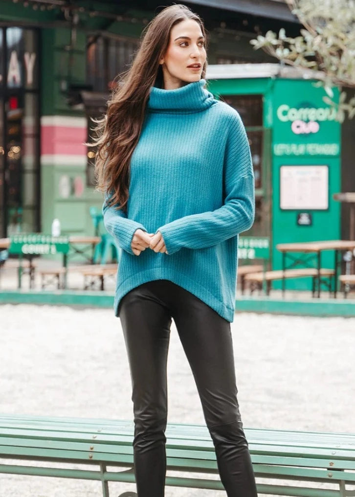 Clara Sun Woo Clara Sunwoo - Ribbed Turtleneck Sweater W/Tipped Hem - Teal Blue available at The Good Life Boutique