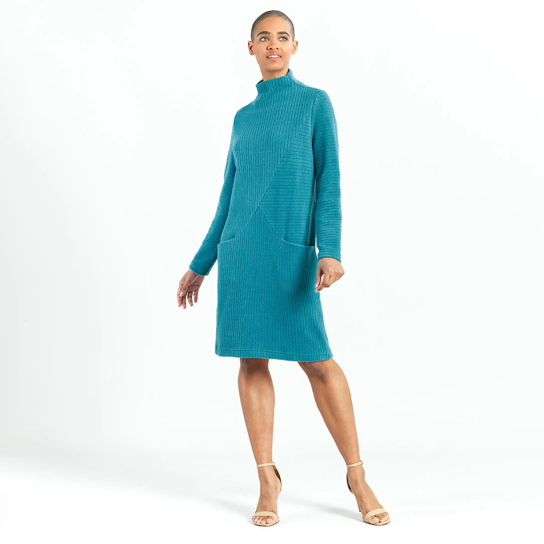 Clara Sunwoo Ribbed Knit Funnel Neck Tunic Dress Teal Blue