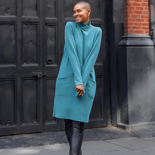 Clara Sunwoo Clara Sunwoo - Ribbed Knit Funnel Neck Tunic Dress - Teal Blue available at The Good Life Boutique