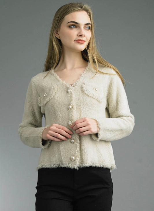 Tempo Paris Tempo Paris - V-neck Chanel Sweater - Beige available at The Good Life Boutique