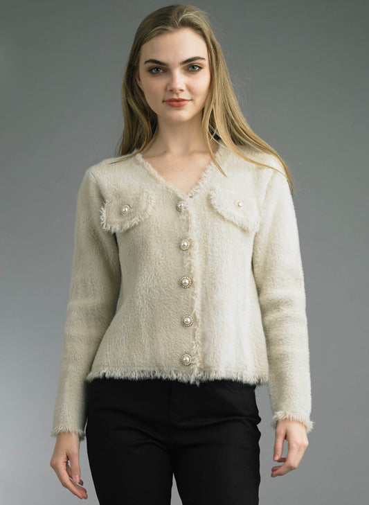 Tempo Paris Tempo Paris - V-neck Chanel Sweater - Beige available at The Good Life Boutique