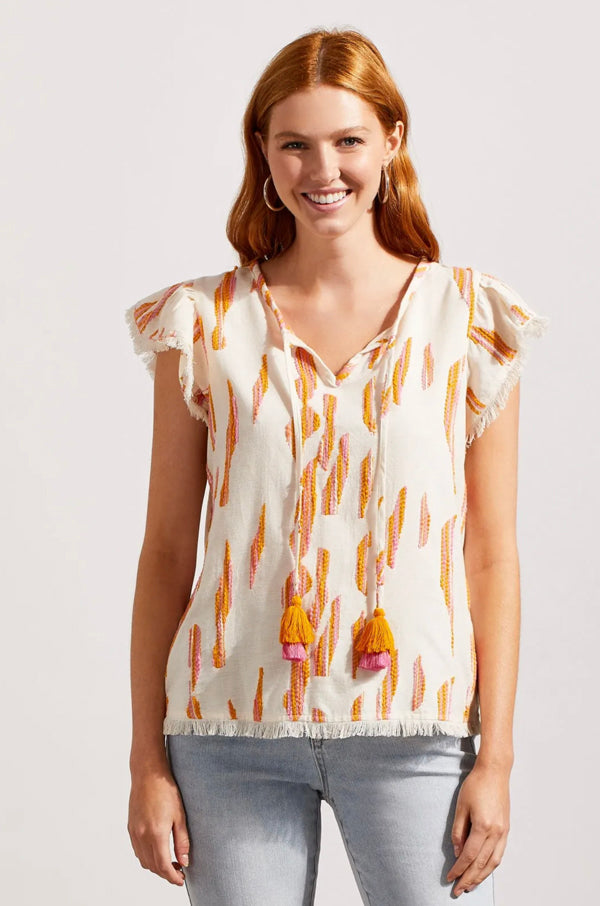 Tribal Tribal - Flutter Sleeve Blouse W/Tassel - Eggshell available at The Good Life Boutique