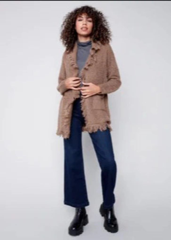 Charlie B Charlie B - Boucle Cardigan With finged Shawl Neck - Truffle available at The Good Life Boutique