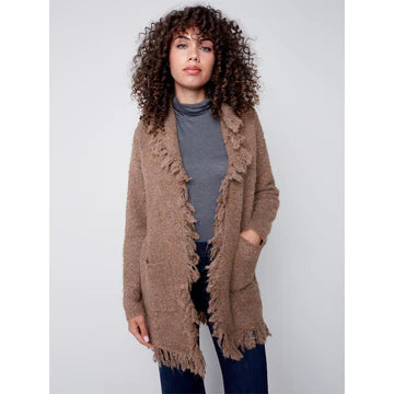 Charlie B Charlie B - Boucle Cardigan With finged Shawl Neck - Truffle available at The Good Life Boutique