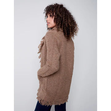 Charlie B Charlie B - Boucle Cardigan With finged Shawl Neck - Truffle available at The Good Life Boutique