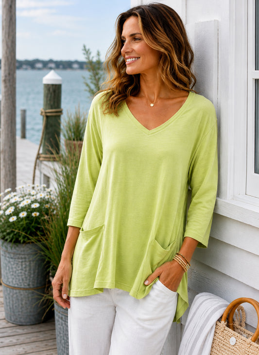 Cotton Lani V-Neck 3/4 Sleeve 2 Pockets - Limeade available at The Good Life Boutique