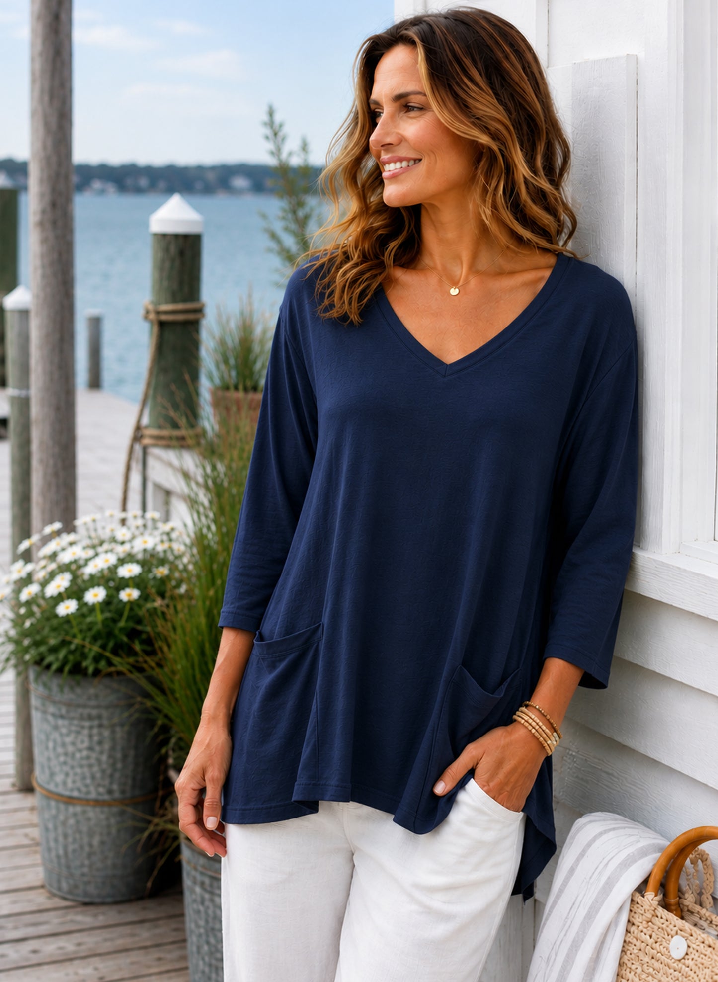Cotton Lani V-Neck 3/4 Sleeve 2 Pockets - Navy available at The Good Life Boutique