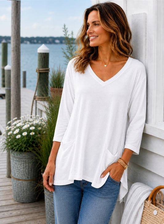 Cotton Lani V-Neck 3/4 Sleeve 2 Pockets - White available at The Good Life Boutique