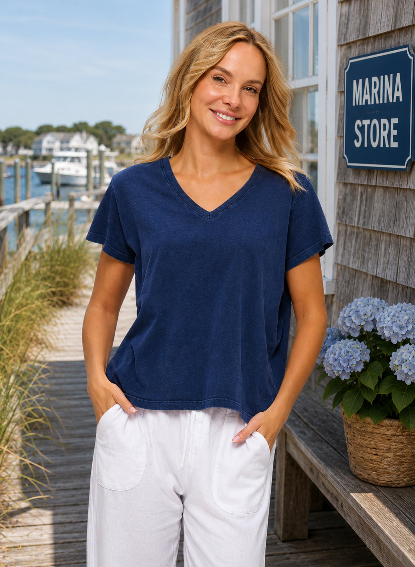 Cotton Lani V-Neck, Short Sleeve Cotton Jersey - Indigo available at The Good Life Boutique