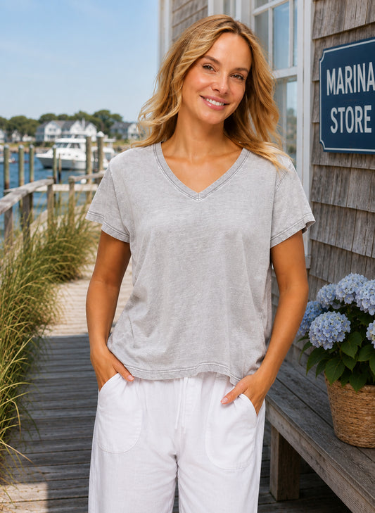 V-Neck, Short Sleeve Cotton Jersey - Silver