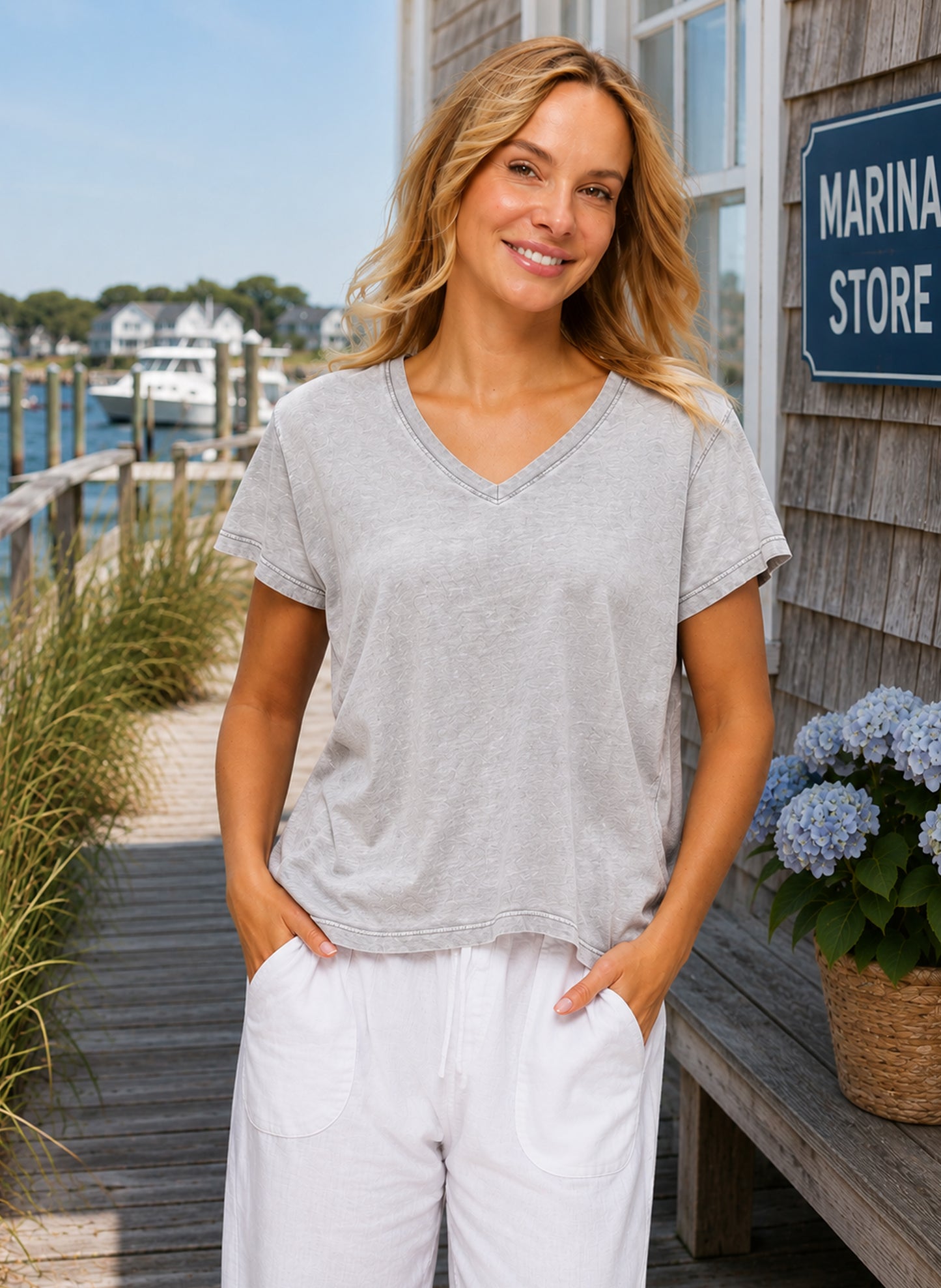 Cotton Lani V-Neck, Short Sleeve Cotton Jersey - Silver available at The Good Life Boutique