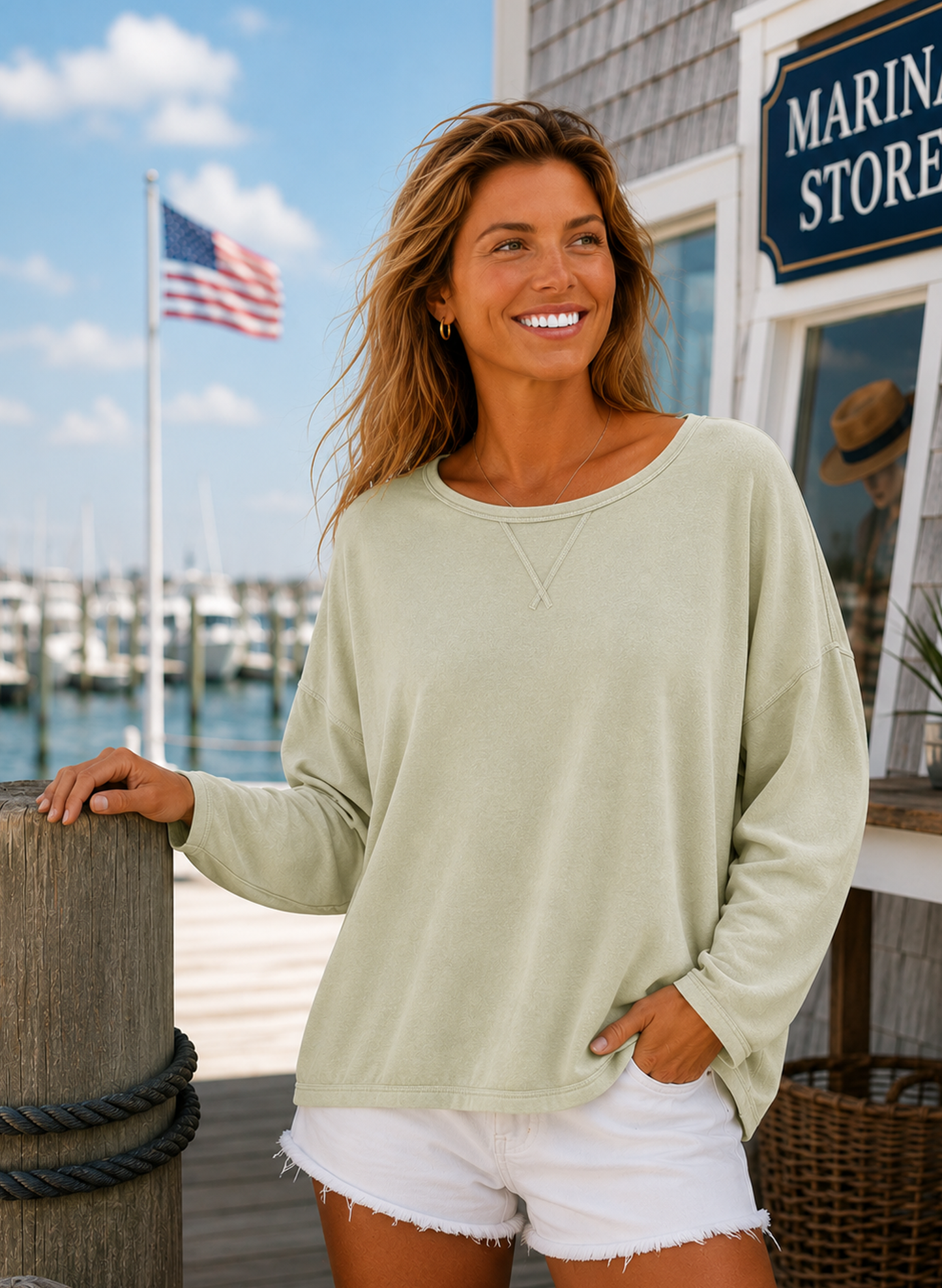 Cotton Lani V-Notch Sweatshirt - Long Sleeve - Limeade available at The Good Life Boutique
