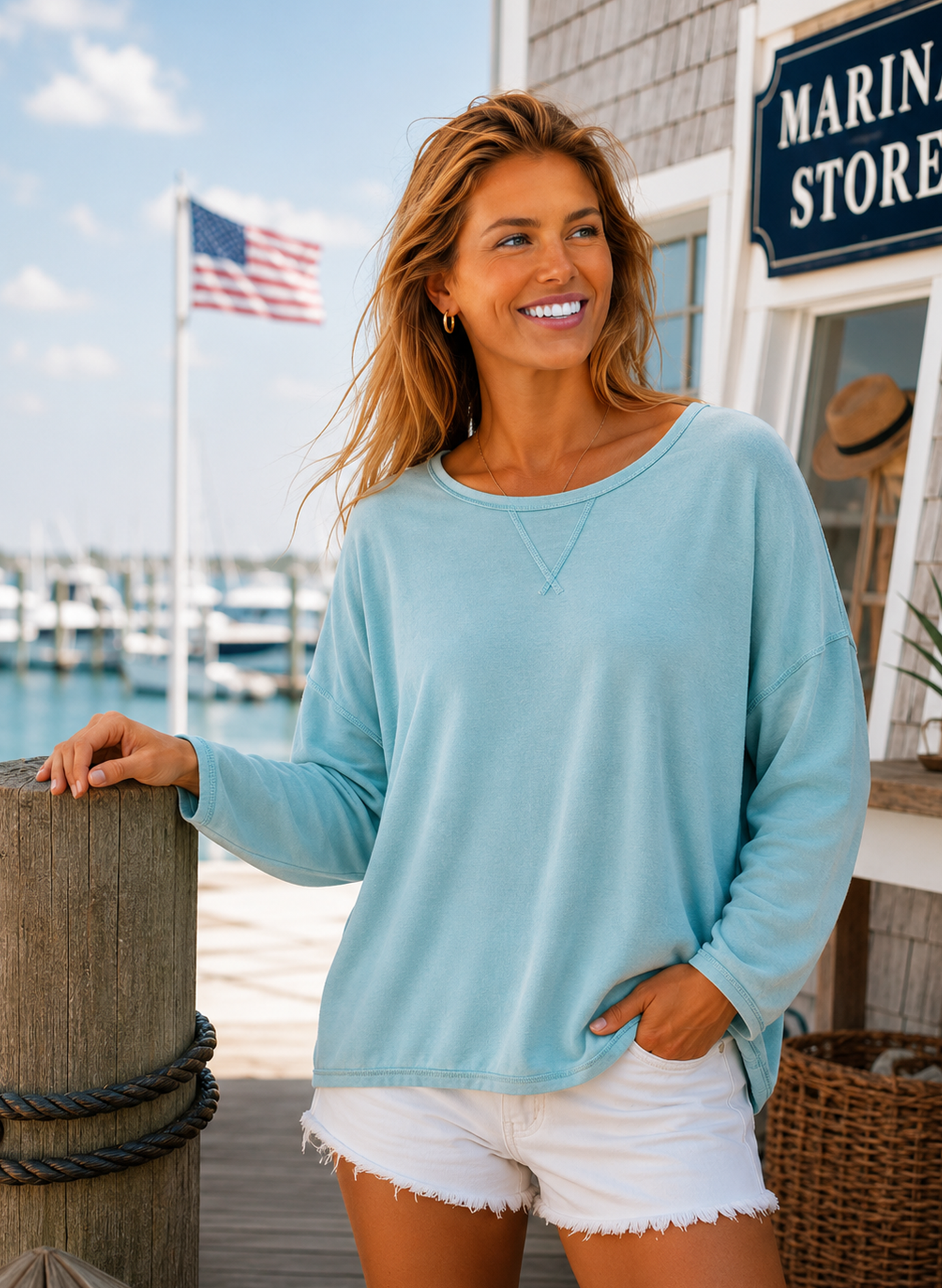 Cotton Lani V-Notch Sweatshirt - Long Sleeve - Tide Pool available at The Good Life Boutique