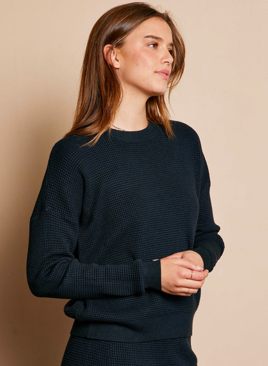 Tea N Rose Waffle Textured Sweater - Black available at The Good Life Boutique