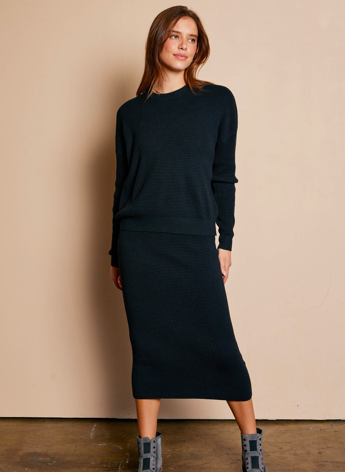 Tea N Rose Waffle Textured Sweater - Black available at The Good Life Boutique