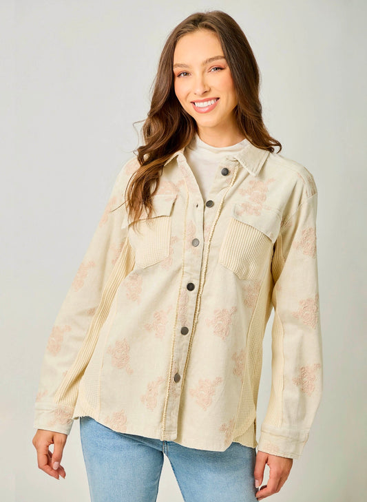 Mystree Washed Corduroy Embroidery Jacket - Almond available at The Good Life Boutique
