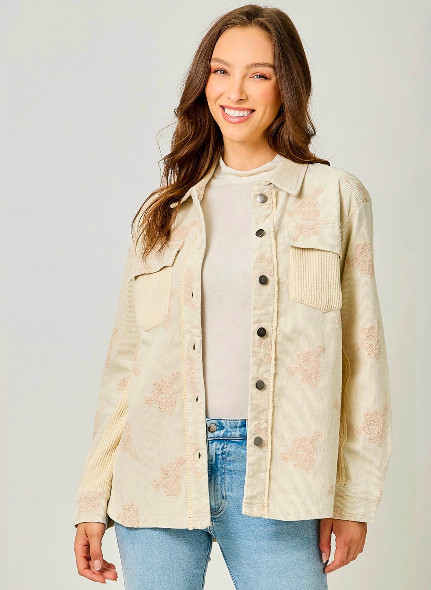 Mystree Washed Corduroy Embroidery Jacket - Almond available at The Good Life Boutique