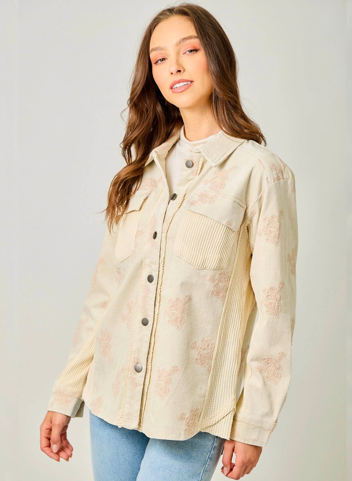 Mystree Washed Corduroy Embroidery Jacket - Almond available at The Good Life Boutique