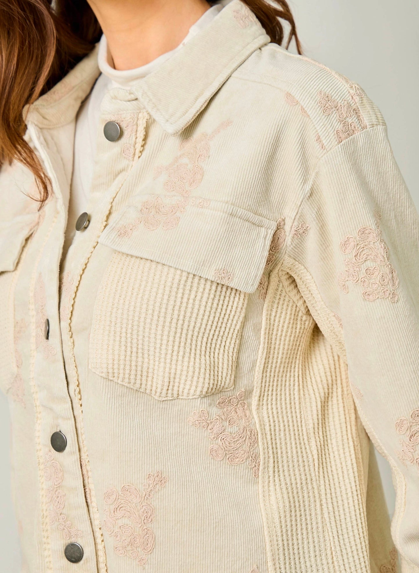Mystree Washed Corduroy Embroidery Jacket - Almond available at The Good Life Boutique