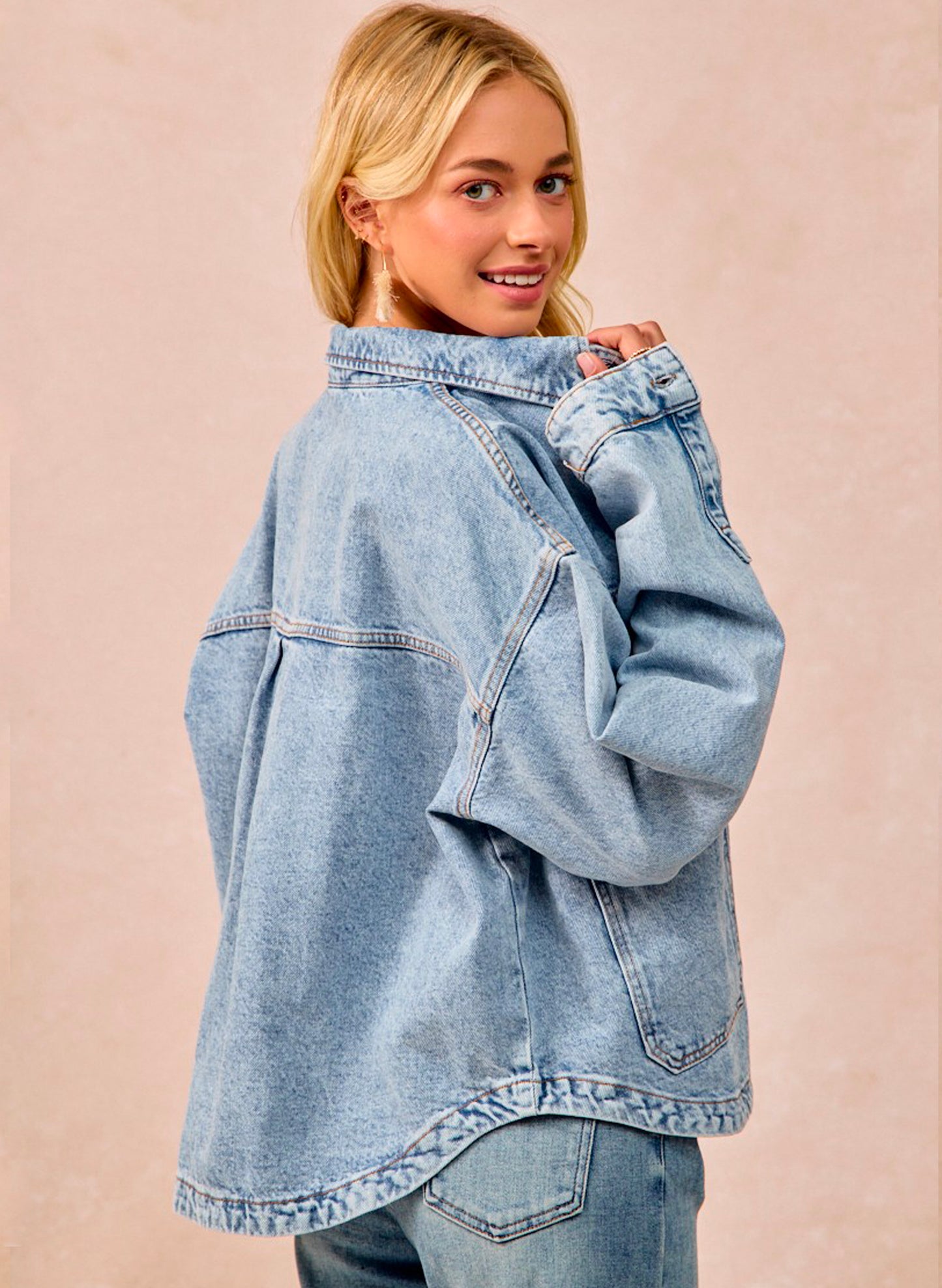 Washed Denim Jacket With Double Pocket Back Pleat