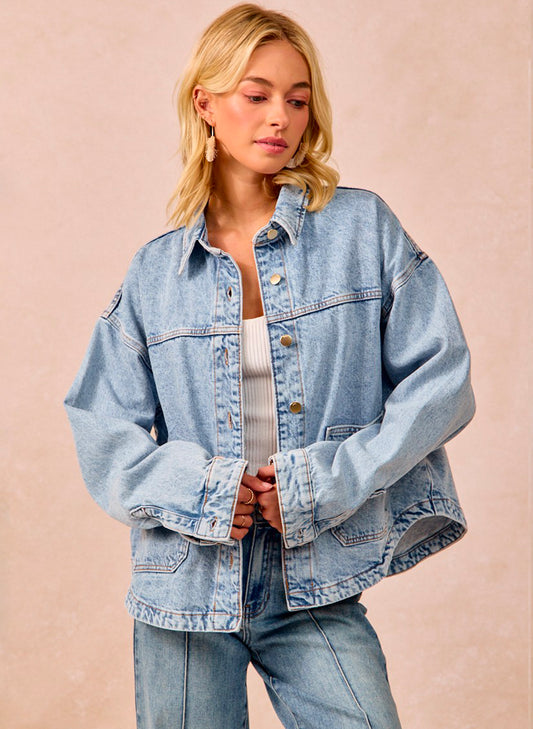 Bibi Clothing Washed Denim Jacket With Double Pocket Back Pleat available at The Good Life Boutique