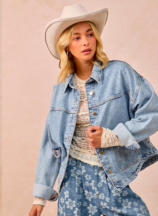 Washed Denim Jacket With Double Pocket Back Pleat