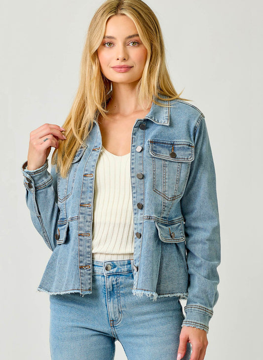 Mystree Washed Denim Peplum Jacket - Denim available at The Good Life Boutique