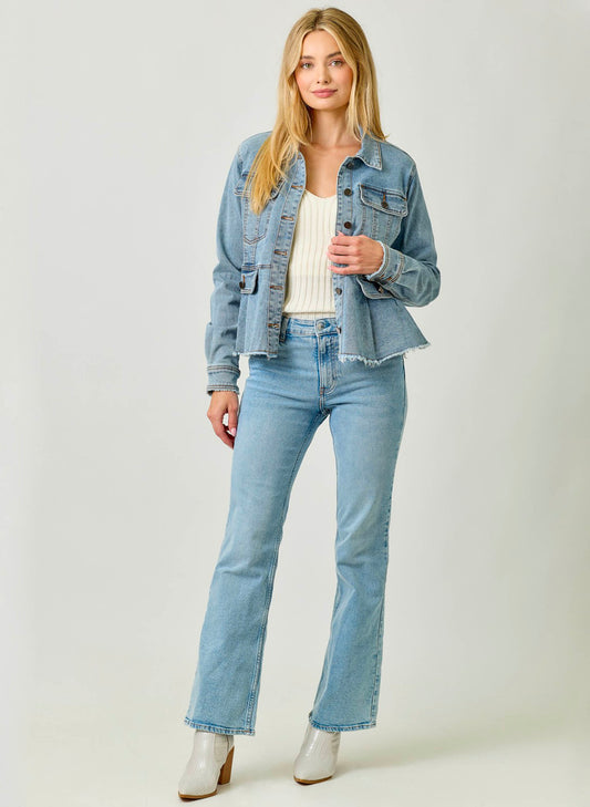 Mystree Washed Denim Peplum Jacket - Denim available at The Good Life Boutique