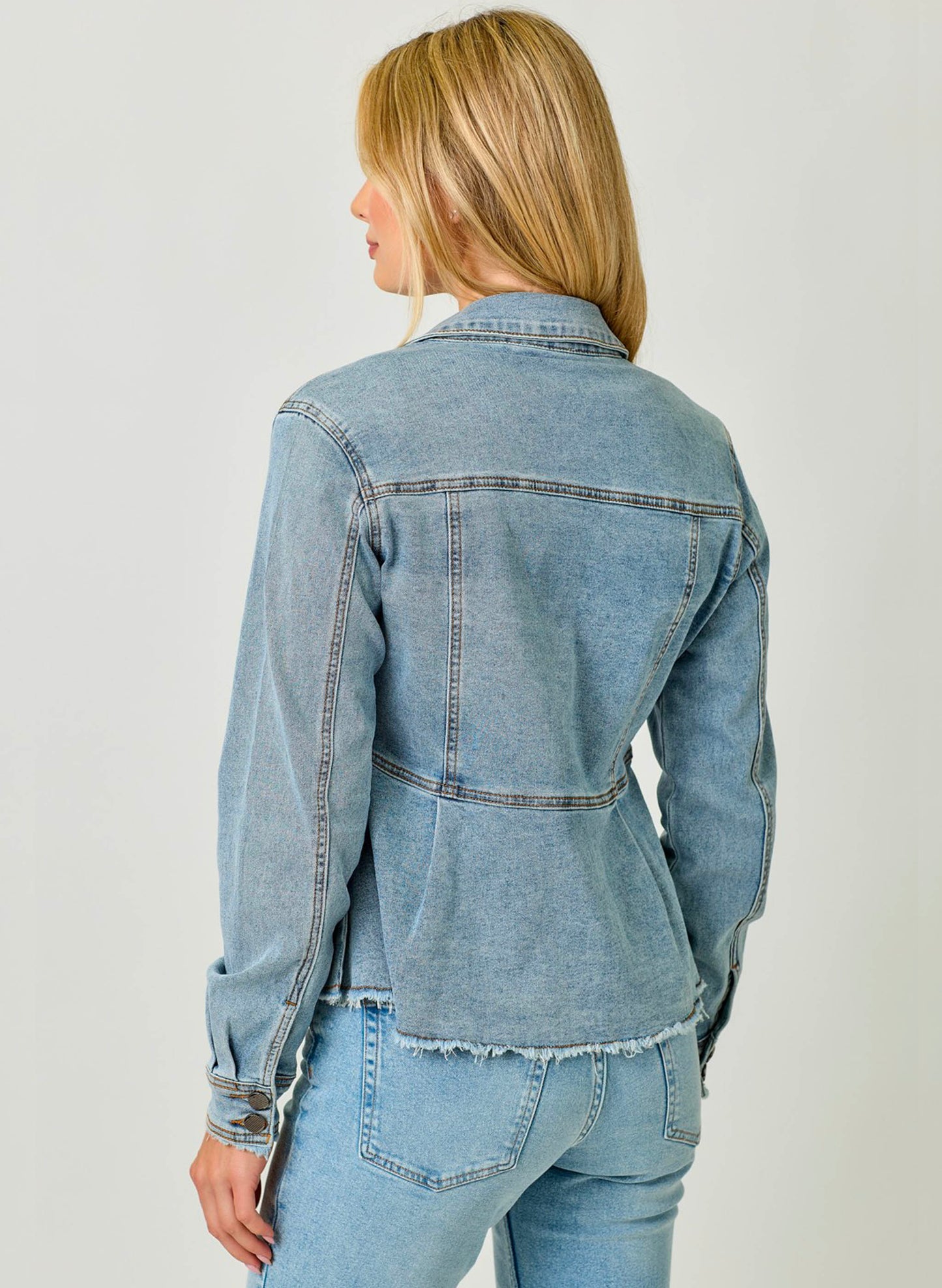Mystree Washed Denim Peplum Jacket - Denim available at The Good Life Boutique
