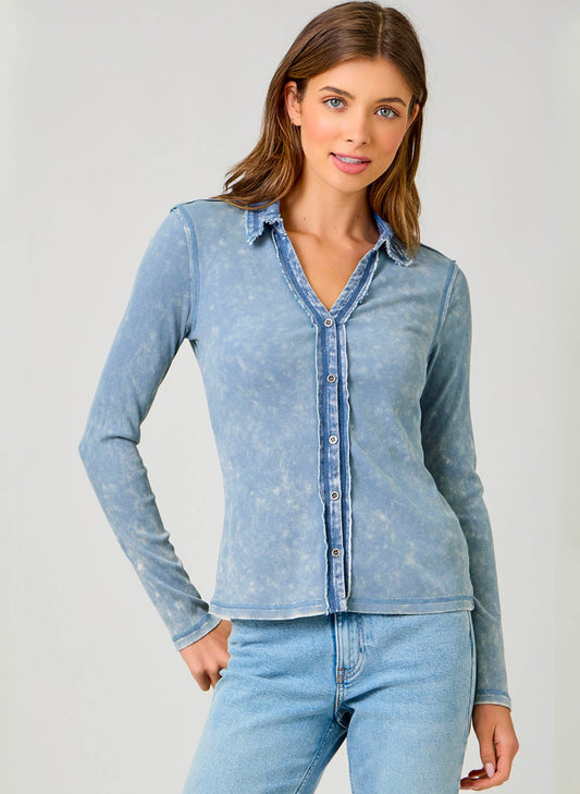 Mystree Washed Thermal Button Down Top - Denim Blue available at The Good Life Boutique